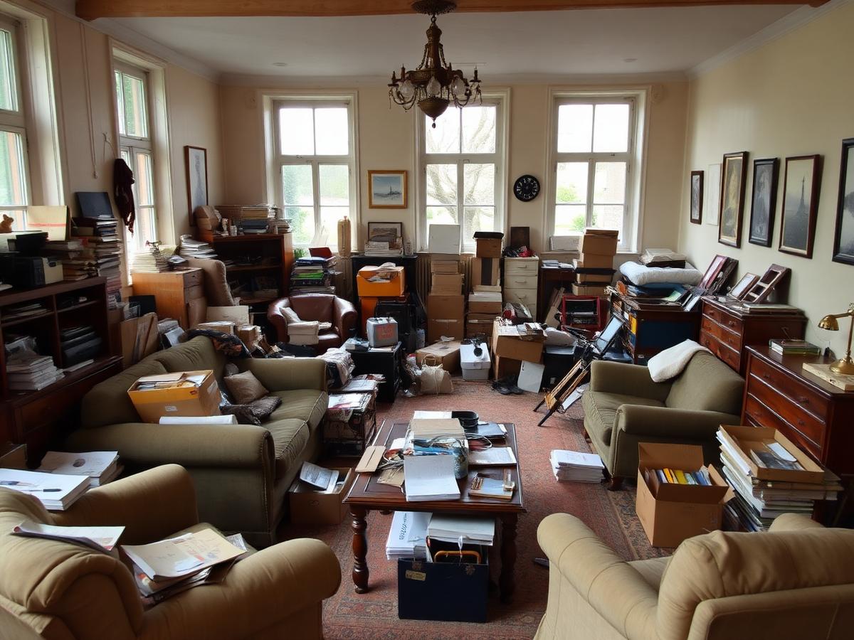 Volle woonkamer met meubels en huisraad voor de woningontruiming in Den Haag